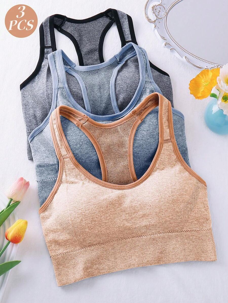 3 件套女士运动胸罩露背瑜伽健身跑步镂空短款上衣 - 彩色 - 查看 1
