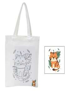 1 件卡通独角兽/长颈鹿/可爱小恐龙/狮子/老虎 DIY 涂鸦帆布包，大容量卡通印花手提包，时尚休闲手提包，非常适合杂货店购物、日常使用、艺术派对礼品袋、生日派对礼品包装袋和储物用品 - 彩色 - 查看 7