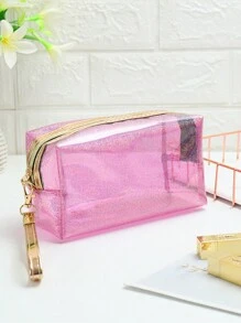 1个透明PVC化妆包，大容量全息手提洗漱包，便捷旅行收纳袋，经典时尚化妆包，透明可视拉链袋，粉色、蓝色、绿色、紫色、银色可选 - 彩色 - 查看 10