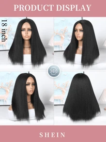 12/18/26 英寸经典 Yaki 合成短直波波头假发，黑色蓬松直发，自然黑色波波头假发，适合日常佩戴，打造自然波波头造型 - 黑色 - 查看 2