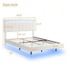 83inch X 64.6inch Queen Floating Bed Frame With LED Lights And USB Charging Modern Upholstered Platform LED Bed Frame, Multiple Light Color Adjustments White - trắng - Xem 3