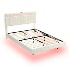 83inch X 64.6inch Queen Floating Bed Frame With LED Lights And USB Charging Modern Upholstered Platform LED Bed Frame, Multiple Light Color Adjustments White - trắng - Xem 5
