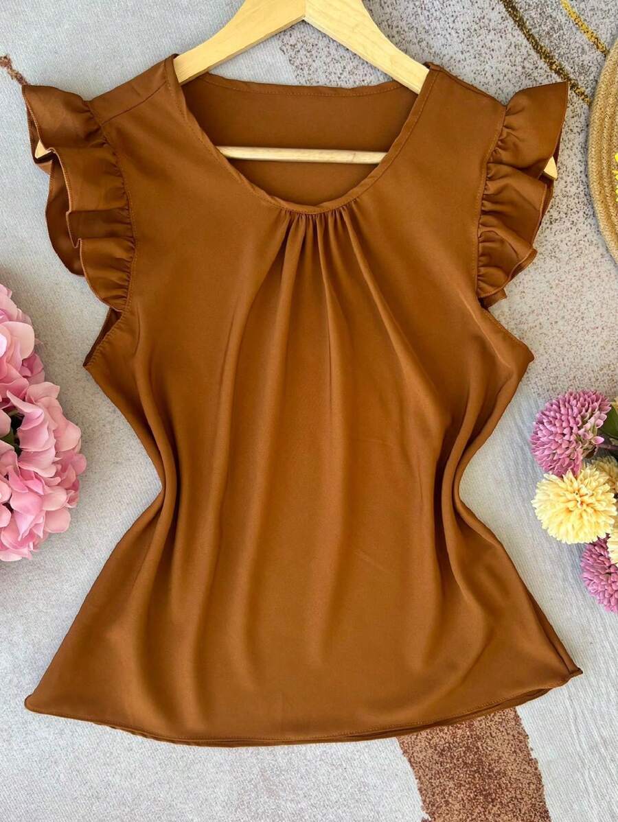 Women's Blouse Top Short Sleeve Ruffle Good Quality - 棕色 - 查看 1
