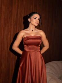 Long Bridesmaid Prom Debutante Party Dress Strapless Princess Style In Luxurious Satin-Free Fabric - 亮橙色 - 查看 2