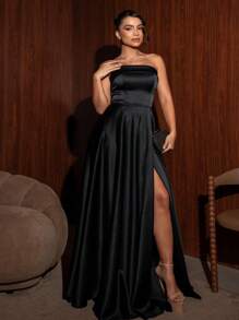 Long Bridesmaid Prom Debutante Party Dress Strapless Princess Style In Luxurious Satin-Free Fabric - 黑色 - 查看 1