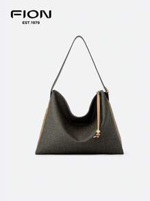 FION Stacked Shoulder Bag Tote Bag In Signature Canvas Soft Leather Hobo Bag For Women Shopping Daily Work Commuter Bag With Top Zip Closure,Black - Black - View 2