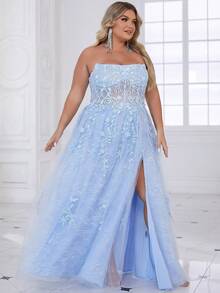 Vestidos de fiesta largos de encaje de talla grande de color azul cielo para mujer, vestidos de cóctel con espalda con cordones y escote sin tirantes, con abertura alta, sexy, para fiesta de graduación y de cóctel - Celeste - Ver 5