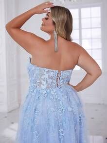 Vestidos de fiesta largos de encaje de talla grande de color azul cielo para mujer, vestidos de cóctel con espalda con cordones y escote sin tirantes, con abertura alta, sexy, para fiesta de graduación y de cóctel - Celeste - Ver 8