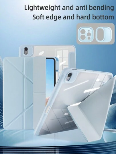 1个白色和蓝色亚克力Y型折叠平板保护套，多角度支架带笔槽，防刮防弯折亚克力后盖，磁吸式自动休眠/唤醒，简约/休闲/经典设计，兼容iPad Mini 6/Mini 7/9.7/10.2/10.5/Air 4/Air 5/10th/10.9/Pro 11/Air 11(M2)/Air 13(M2)/Pro 11(M4)/Pro 13(M4) 2024 12.9英寸。由于光线原因，可能存在轻微色差。亚克力材质双面均有保护膜，使用前需撕掉。