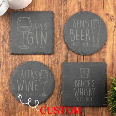 Slate Coasters, Drink Coasters, Engraved Rock Stone Coasters, Custom Handmade Wedding Gift Set, Personalized Housewarming, Bar, Beer Favors