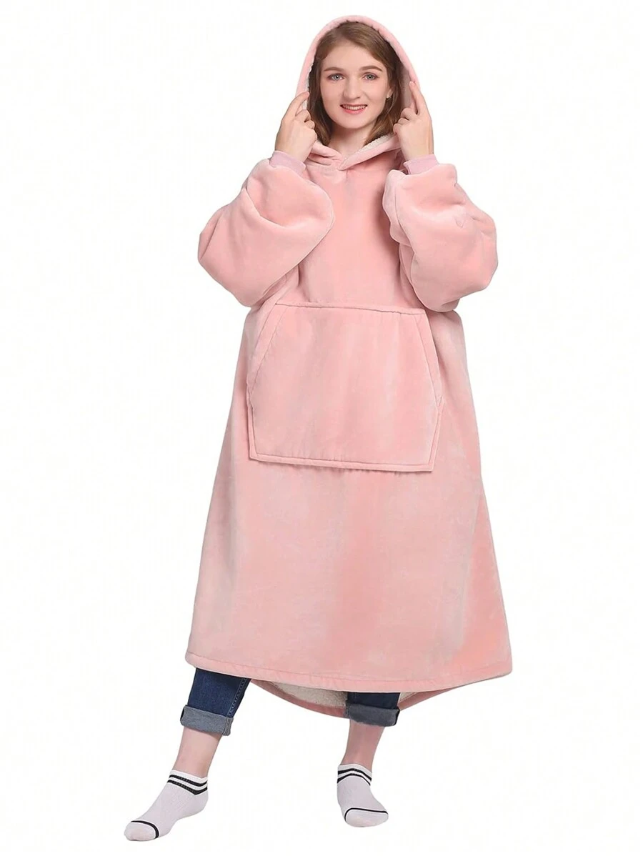 1 Pcs Sherpa Wearable Blanket Hoodie, Oversized Sherpa Fleece Sweatshirt Blanket With Giant Hood Pocket And Sleeves For Adult, Warm & Cozy Blanket Gifts For Women - 粉色 - 查看 1