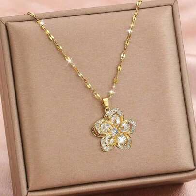 1pc Stainless Steel Rotating Five-Petal Flower Pendant Necklace Suitable For Girls Kids Family Friends Summer Delicate Fashion Beach Party Vacation Jewelry Accessory For Birthday Gift