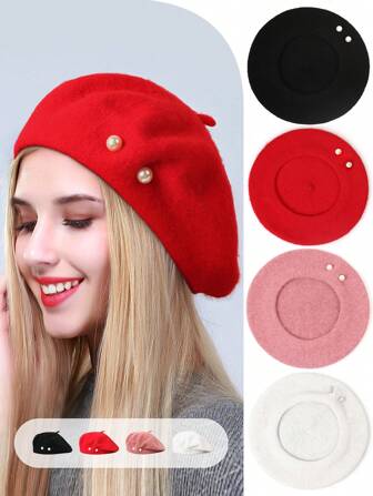 1 件女式复古休闲仿珍珠羊毛贝雷帽，适合春秋冬季日常佩戴