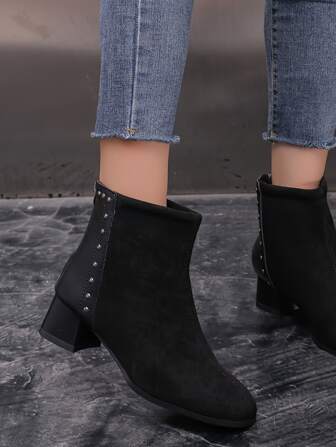 Autumn And Winter Patchwork Black Boots Square Toe Thick Heel French Frosted Booties Women's Comfort With Velvet Non-Slip Booties And Naked Boots