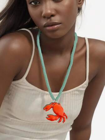 2025 圆形串珠螃蟹吊坠项链 - 异想天开的可爱动物珠宝，适合春夏、轻盈的海滩度假和海边日常佩戴