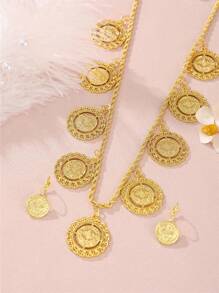 1set Vintage Gold Coin & Turkish Talisman Pendant Necklace With Matching Mini Coin Earrings, Jewelry Set For Women Wedding/Party - Jewelry Sets - View 4