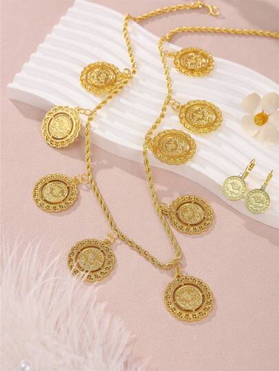 1set Vintage Gold Coin & Turkish Talisman Pendant Necklace With Matching Mini Coin Earrings, Jewelry Set For Women Wedding/Party