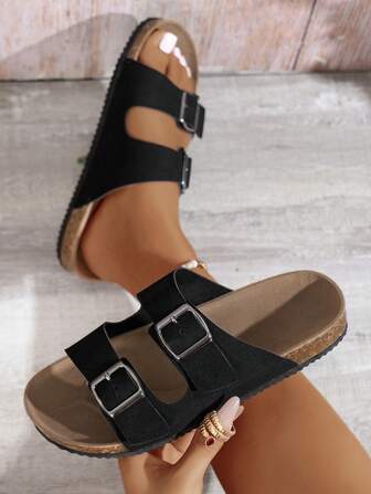 Women's New Fashion Beach Sandals, Wooden Bottom Flat Open Toe Breathable Double Buckle Elegant Casual Comfortable Outdoor Walking Flat Sandals