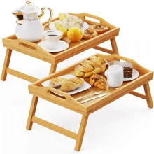 2pcs Bed Tray Table With Foldable Legs, Breakfast Trays With Handles, Eating, Working, Laptop Or Snacking - Breakfast Trays For Bed - Natural Bamboo For Strength And Beauty