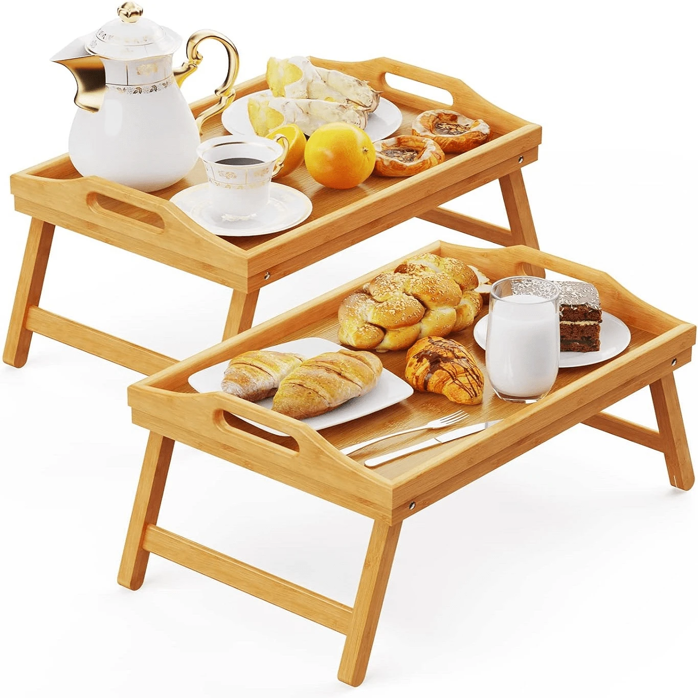 2pcs Bed Tray Table With Foldable Legs, Breakfast Trays With Handles, Eating, Working, Laptop Or Snacking - Breakfast Trays For Bed - Natural Bamboo For Strength And Beauty