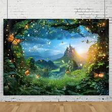 1 pieza, Fondo de fotografía de bosque - Cuento de hadas de primavera con mariposas, diseño de bosque verde y cueva de montaña - Fondo de poliéster versátil para retratos, fiestas de cumpleaños y talla grande - Multicolor - Ver 8