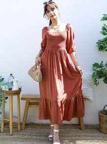 Women's Square Neck Shirred Ruffle Hem Long Sleeve Maxi Dress