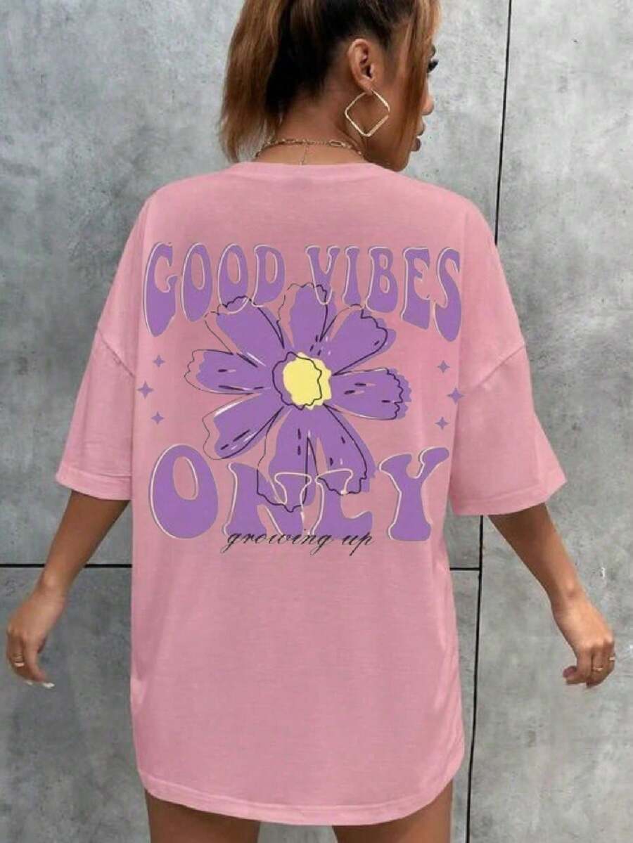 Women's Cotton T-Shirt Blouse Round Neck Short Sleeve Vintage - Màu Hồng baby - Xem 1
