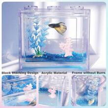 1pc Small Betta Fish Tank,Building Block Shape Stackable Mini Fish Tank Aquarium Tank Kit,Rectangular Fish Bowl With Prespective Hole,Cube Tank For Shrimp Snails(Only Fish Tank)