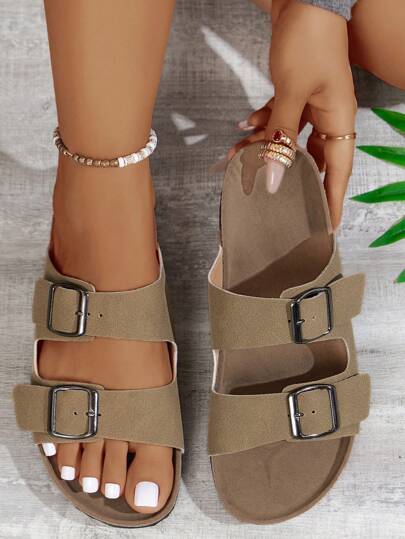 Women's New Fashion Beach Sandals, Wooden Bottom Flat Open Toe Breathable Double Buckle Elegant Casual Comfortable Outdoor Walking Flat Sandals