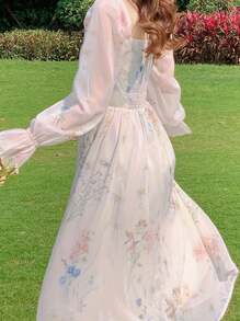 Elegant Dresses Suitable Casual Mesh Dresses,Women's Elegant Chiffon Printed Dress,Floral Print Dress Ruched Chest - 白色 - 查看 6