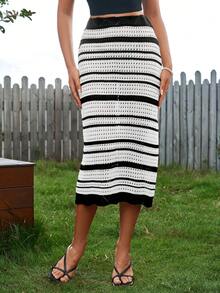 PARTHEA Cut Out Contrast Knit Bodycon Skirt - White - View 2