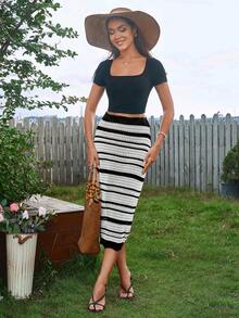 PARTHEA Cut Out Contrast Knit Bodycon Skirt - White - View 3