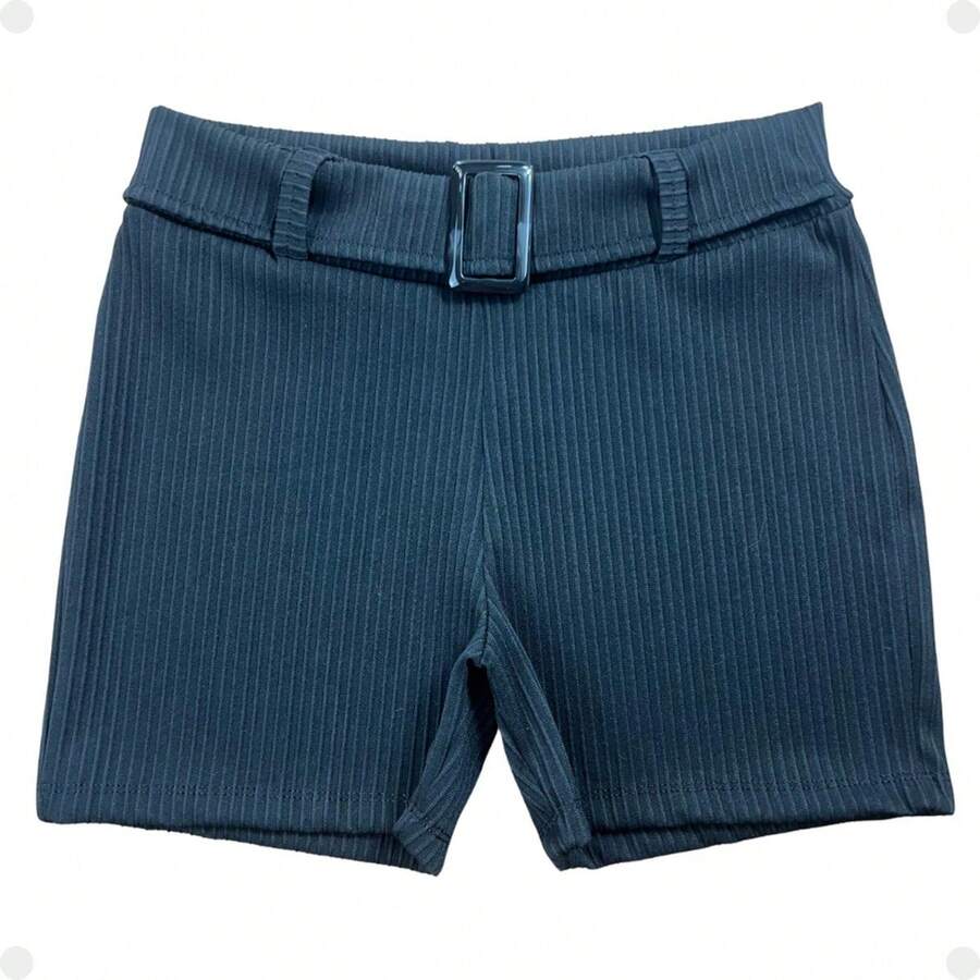 Ribbed Shorts With Fake Belt For Adult Women - màu đen - Xem 1
