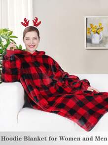 1 Pcs Wearable Blanket Sweatshirt Gifts For Women And Men, Warm And Cozy Giant Blanket Hoodie, Thick Flannel Blanket With Sleeves And Giant Pocket - 紅黑格子 - 查看 3