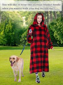 1 Pcs Wearable Blanket Sweatshirt Gifts For Women And Men, Warm And Cozy Giant Blanket Hoodie, Thick Flannel Blanket With Sleeves And Giant Pocket - 紅黑格子 - 查看 5
