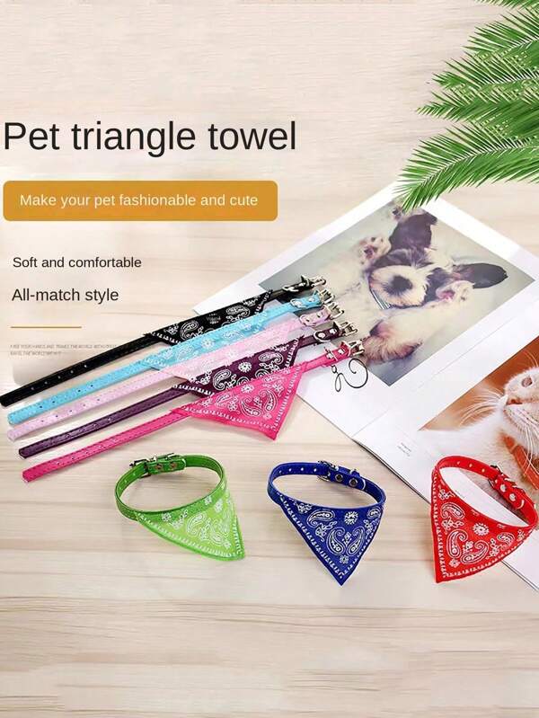 1pc Pet Supplies Dog Collar Triangle Scarf Saliva Towel Printed Leather Collar Adjustable For Small Dogs And Cats
