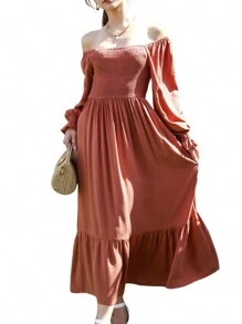 Women's Square Neck Shirred Ruffle Hem Long Sleeve Maxi Dress