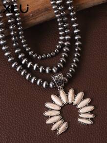 1pc Vintage Western Style Exaggerated Faux Turquoise & Beads Triple Layer Necklace,Western Country Navajo Faux Pearls