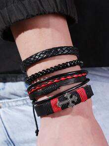 4 Cái/bộ Vòng tay đeo chéo bằng da nhiều lớp bện thủ công kiểu Retro dành cho nam - 4 chiếc màu đen - Xem 4