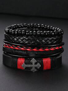 4 Cái/bộ Vòng tay đeo chéo bằng da nhiều lớp bện thủ công kiểu Retro dành cho nam - 4 chiếc màu đen - Xem 2