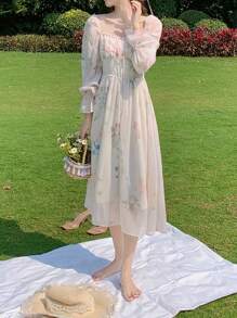 Elegant Dresses Suitable Casual Mesh Dresses,Women's Elegant Chiffon Printed Dress,Floral Print Dress Ruched Chest - 白色 - 查看 4