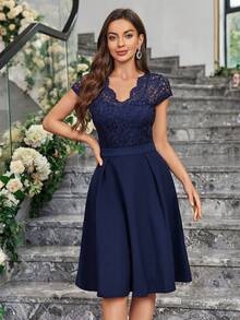 MIUSOL Floral Lace V-Neck Short Sleeve A-Line Cocktail Dress, Wedding Guest Dress, Formal Gown