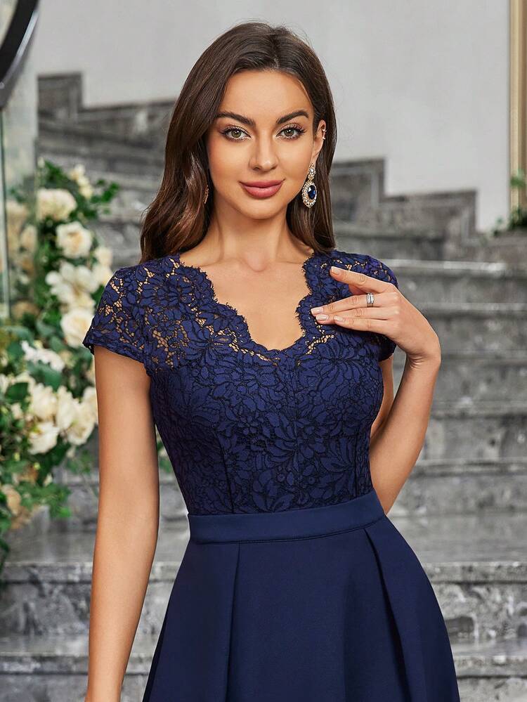 MIUSOL Floral Lace V-Neck Short Sleeve A-Line Cocktail Dress, Wedding Guest Dress, Formal Gown Summer Elegant