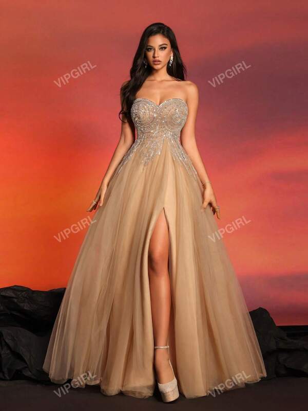 VIPGIRL Women Tube Top Evening Dress High-End Luxury Niche Hand-Embroidered Sequin Dress, Elegant Formal Prom Gown, For Wedding Guest, Graduation, Dinner