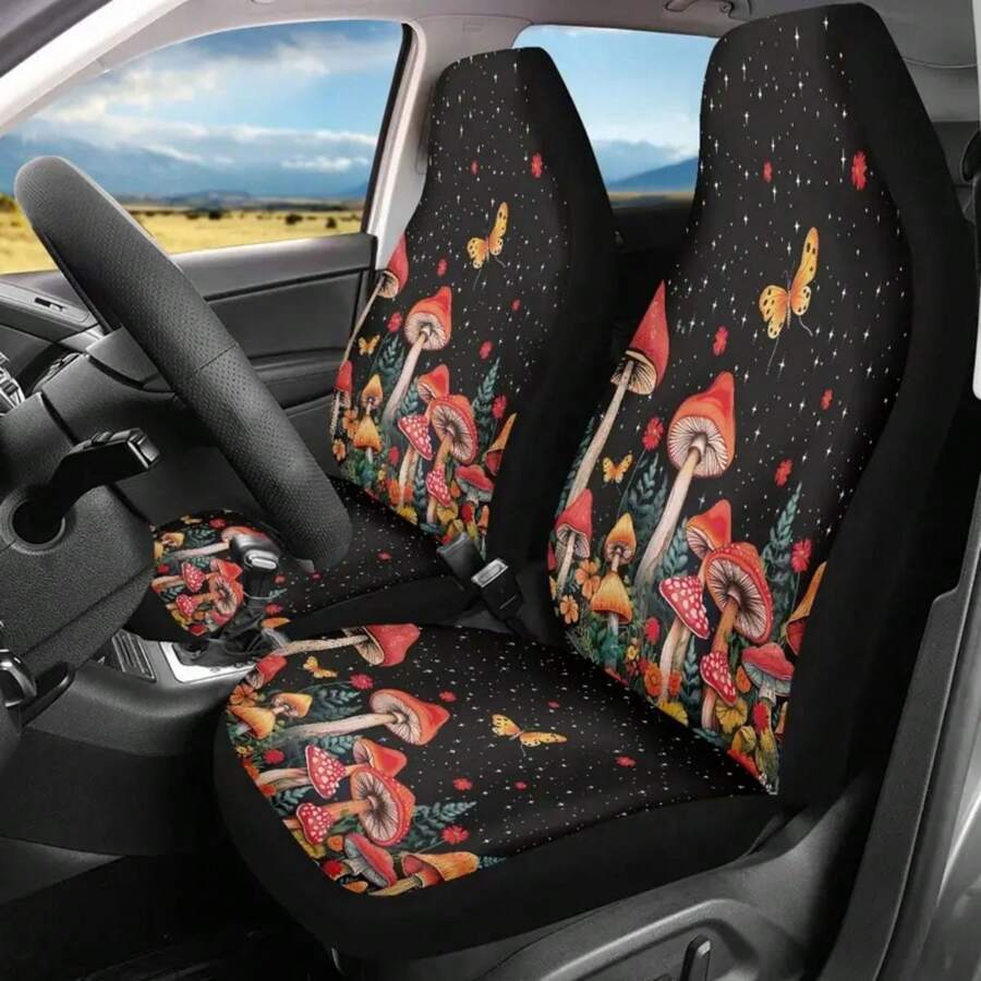 2pcs Aesthetic Starry Night Mushroom Printed Car Seat Covers, Universal Fit Car Seat Covers For Front Seats Only, Automotive Bucket Seat Cushion Pad