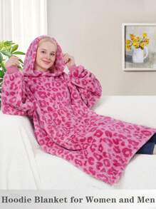 1 Pcs Wearable Blanket Sweatshirt Gifts For Women And Men, Warm And Cozy Giant Blanket Hoodie, Thick Flannel Blanket With Sleeves And Giant Pocket - 豹粉紅色 - 查看 3