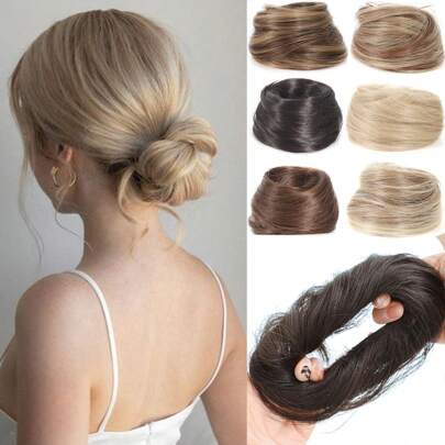1PC Straight Hair Buns Chignon Ponytail Hairpiece Synthetic Updo Donut Hair Extensions Flexible Elastic Rubber Band Blonde Brown 3 Inch Fluffy Stretchy  Hairpieces For Women