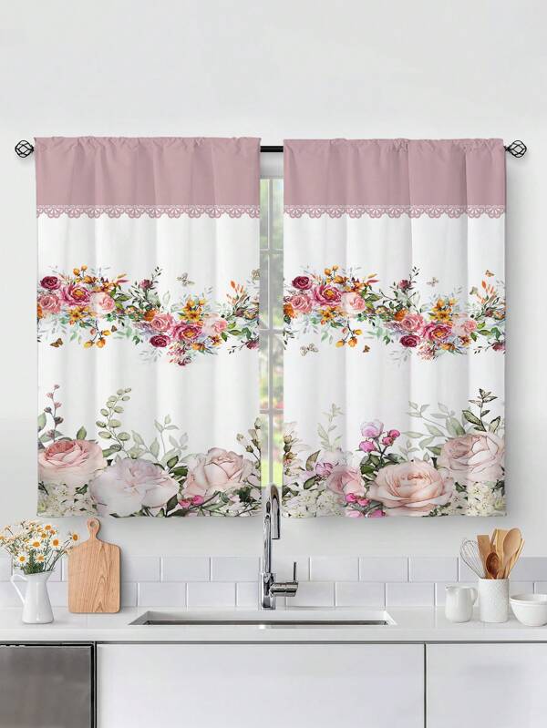 2pcs Multicolor Flower & Butterfly Digital Printed Window Curtains,Without Holes Curtain,Refer To Bedroom Office Kitchen Living Room Study Home Decor