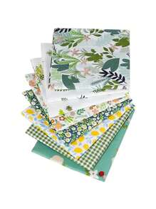 8pcs Rustic Green Floral Printed Cotton Fabric, Gingham Plaid Craft Sewing Material - A - View 1