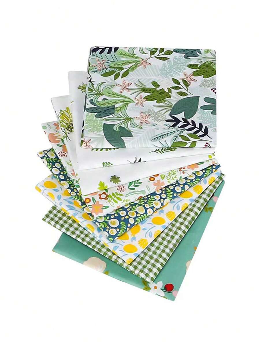 8pcs Rustic Green Floral Printed Cotton Fabric, Gingham Plaid Craft Sewing Material - A - View 1